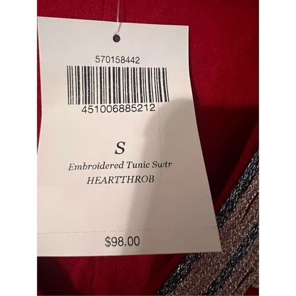 Boston Proper Women's S Heartthrob Embroidered Tunic Sweater Red Artsy Hippie - Picture 8 of 9